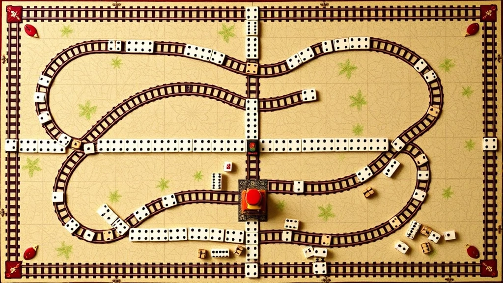 Overhead view of completed Mexican Train game board mid-round with dominoes arranged in interconnecting lines and tracks, showing Mexican Train marker and multiple player trains in progress