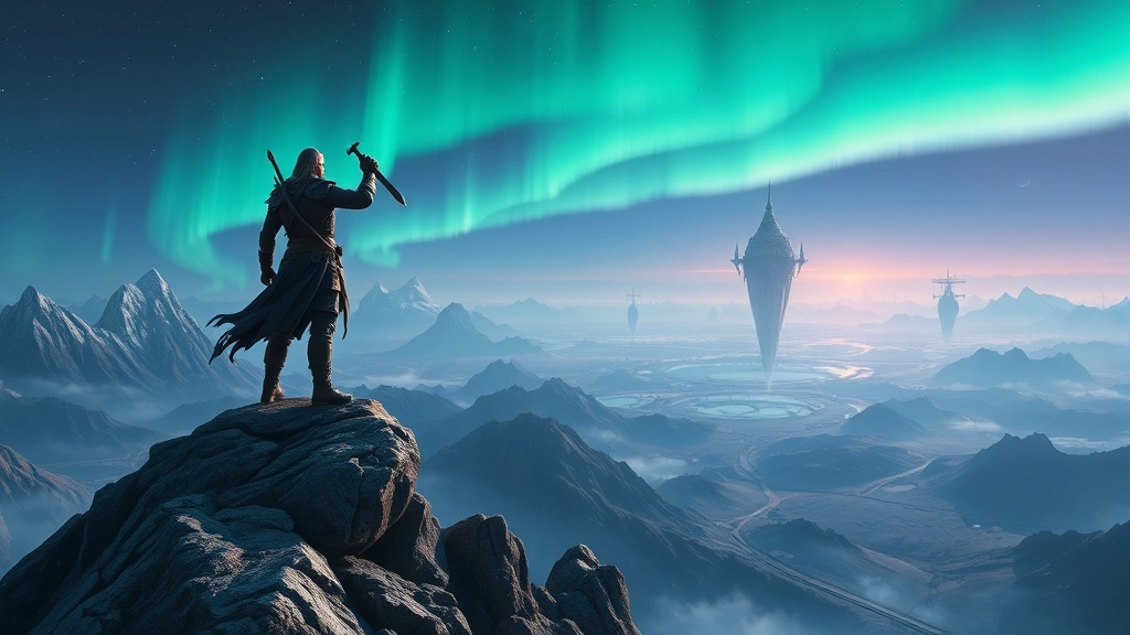 Epic fantasy warrior character standing triumphantly on a mountain peak overlooking a vast, detailed fantasy landscape with floating islands and magical auroras in the sky, photorealistic with dynamic lighting and atmospheric effects, no UI elements or text