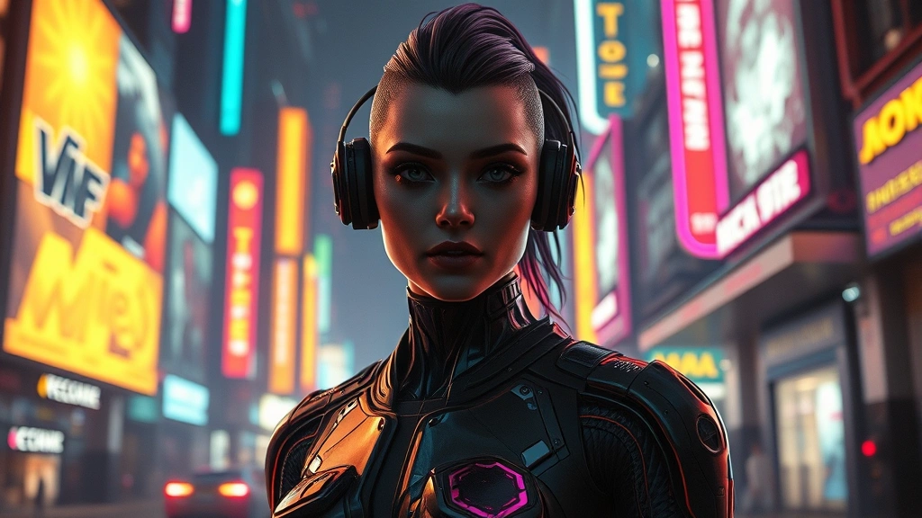 Sleek futuristic cyborg character in a neon-lit cyberpunk city environment with holographic advertisements and advanced technology visible in the background, photorealistic cyberpunk aesthetic with vibrant neon colors and dark shadows, no HUD or interface elements