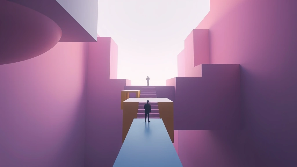 First-person perspective of colorful geometric platforms floating in abstract space, minimalist art style with soft lighting, player character standing at edge considering path forward, photorealistic rendering of puzzle environment