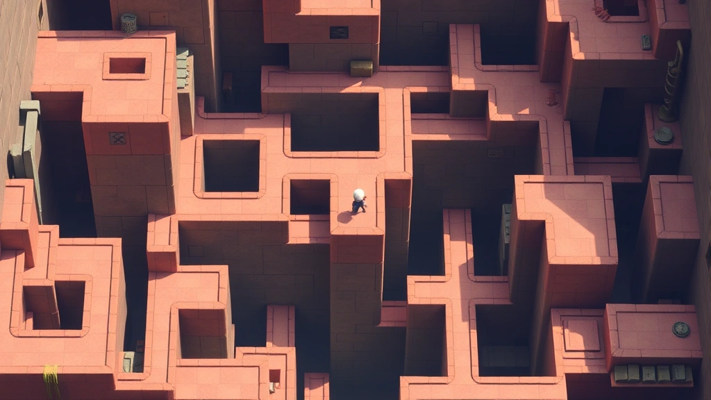 Overhead isometric view of intricate puzzle level with interconnected platforms in pastel colors, character mid-jump between platforms, three-dimensional spatial depth visible, clean modern indie game aesthetic