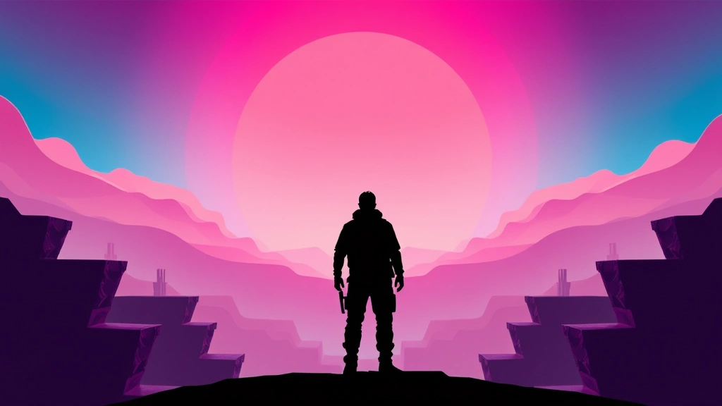 Close-up of player character silhouetted against vibrant gradient background with layered platforms extending into depth, perspective shift visualization showing multiple spatial dimensions, atmospheric lighting creating sense of scale and challenge