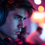 Professional competitive gamer intensely focused during high-stakes survival arena match with dramatic red and blue neon lighting effects, realistic facial expression showing concentration