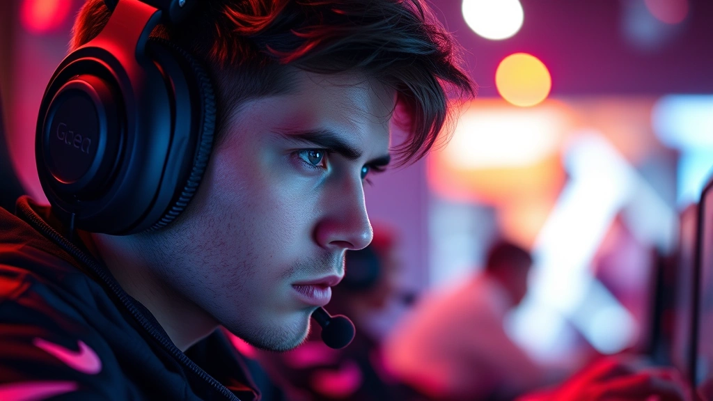 Professional competitive gamer intensely focused during high-stakes survival arena match with dramatic red and blue neon lighting effects, realistic facial expression showing concentration