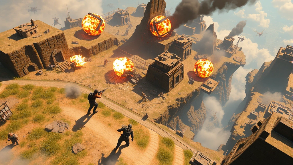 Dynamic action scene showing multiple players engaged in intense combat across procedurally diverse terrain with multiple elevation levels, explosions, and environmental hazards creating dramatic atmosphere