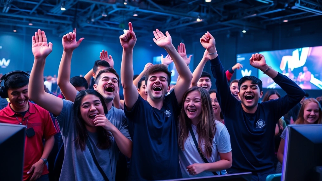 Diverse gaming community celebrating competitive victory together in modern esports arena setting with professional lighting setup, genuine expressions of triumph and camaraderie