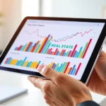 Close-up of hands holding a digital tablet displaying colorful real estate property investment charts and financial graphs with upward trending lines, modern minimalist office background, natural lighting, professional photography