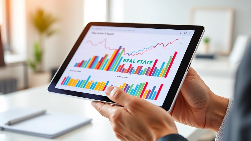 Close-up of hands holding a digital tablet displaying colorful real estate property investment charts and financial graphs with upward trending lines, modern minimalist office background, natural lighting, professional photography