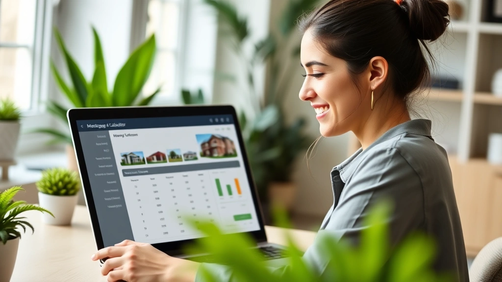 Young professional woman smiling while reviewing a laptop screen showing an interactive mortgage calculator interface with property images and financial data visualizations, home office setting with plants and natural window light