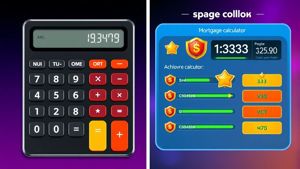 Split-screen comparison showing traditional calculator with numbers on left side and vibrant, gamified mortgage calculator interface with achievement badges and progress bars on right side, gaming aesthetic design