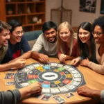 Group of diverse friends sitting around a table laughing while playing a movie trivia board game, colorful game pieces and cards visible, warm living room lighting, enjoying competitive gameplay together