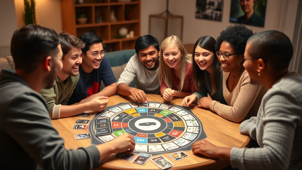 Group of diverse friends sitting around a table laughing while playing a movie trivia board game, colorful game pieces and cards visible, warm living room lighting, enjoying competitive gameplay together