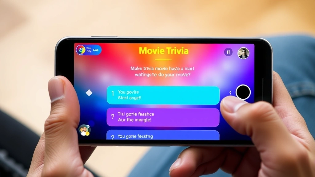Smartphone displaying a movie trivia app interface with vibrant quiz questions and answer options, hands holding the device, modern minimalist design, gaming engagement moment