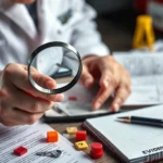 Detective examining crime scene evidence with magnifying glass and forensic tools, photorealistic police investigation setup with evidence markers and notebook
