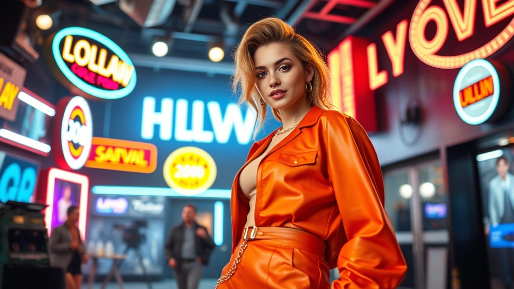 Young woman in vibrant 2000s fashion standing in Hollywood studio with glamorous lighting, neon signs, and movie set backgrounds, confident pose with styled hair and trendy outfit