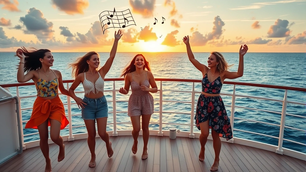 Four diverse female friends dancing energetically on a cruise ship deck at sunset, tropical ocean backdrop, colorful casual clothing, joyful expressions, musical notes floating in air