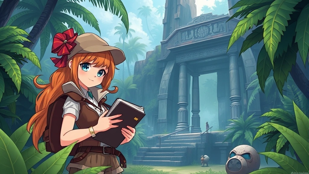 Girl detective character examining mysterious clues in exotic tropical location with ancient ruins, holding fashion accessories and investigation notebook, curious expression, lush vegetation surrounding