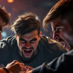 A tense moment between multiple competitors in a high-stakes game arena, showing desperation and determination on faces, dim lighting with dramatic shadows, photorealistic style