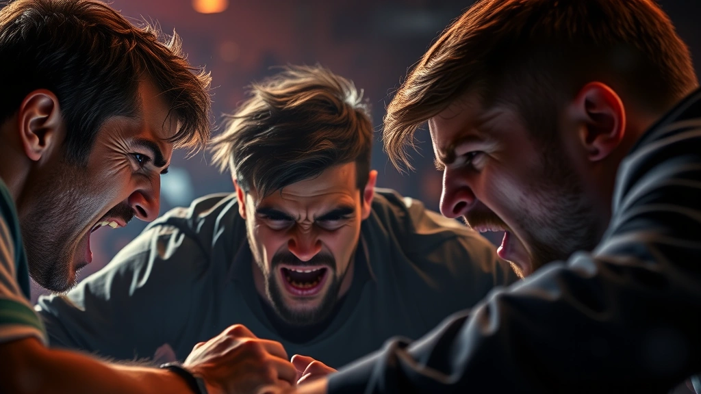 A tense moment between multiple competitors in a high-stakes game arena, showing desperation and determination on faces, dim lighting with dramatic shadows, photorealistic style