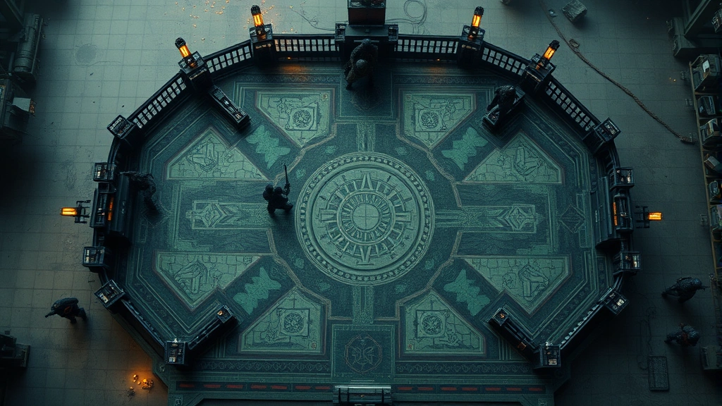 An overhead view of an intricate game board or competition space with multiple players positioned strategically, showing the physical layout of a deadly challenge, cinematic composition