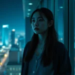 Cinematic shot of a young woman standing alone in a modern high-rise building at night, city lights visible through windows, dramatic shadows and cold blue lighting, contemplative expression, high-quality photorealistic rendering