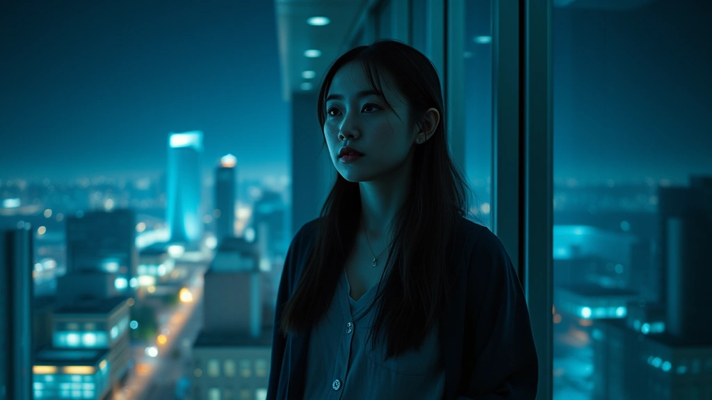 Cinematic shot of a young woman standing alone in a modern high-rise building at night, city lights visible through windows, dramatic shadows and cold blue lighting, contemplative expression, high-quality photorealistic rendering