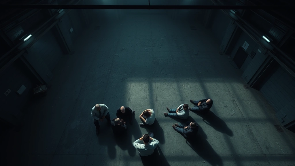 Overhead view of multiple people sitting in a large empty warehouse or underground facility, dramatic lighting creating stark shadows, tension visible in body language, photorealistic cinematic style