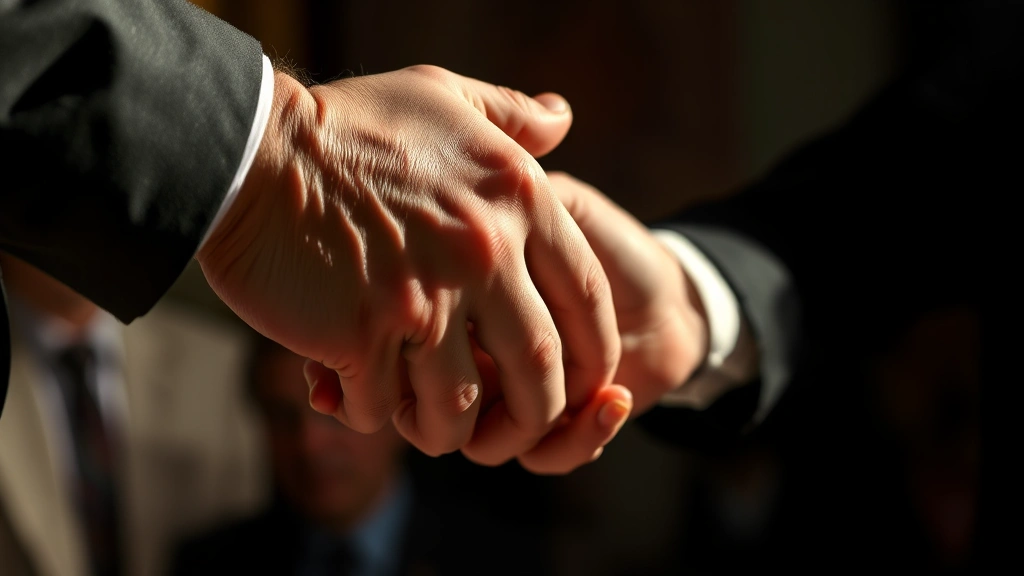 Close-up of hands during an intense moment of conflict or negotiation, dramatic side lighting, blurred background suggesting competition or confrontation, photorealistic detail, emotional intensity