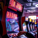 Colorful arcade cabinet with glowing neon NBA Jam artwork, players inserting coins, bright arcade hall environment with multiple cabinets visible in background