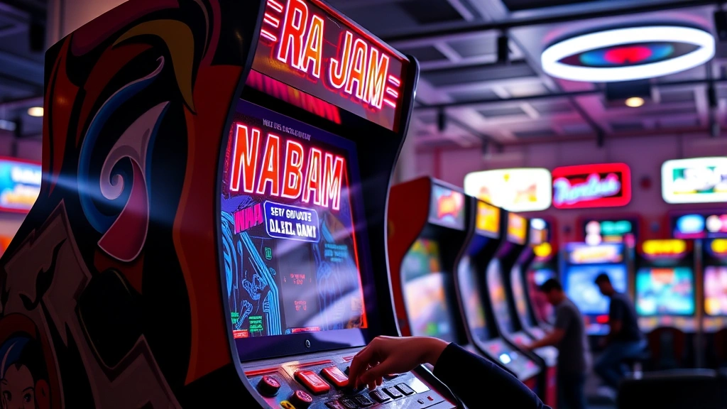 Colorful arcade cabinet with glowing neon NBA Jam artwork, players inserting coins, bright arcade hall environment with multiple cabinets visible in background