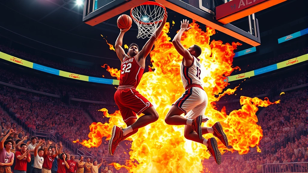 Dynamic basketball action scene showing two players mid-dunk with exaggerated animation style, flames surrounding them, crowd cheering in stadium background, explosive energy