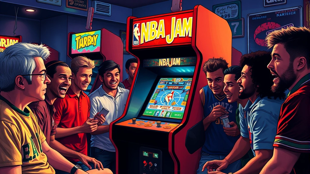 Retro 1990s arcade gaming scene with diverse players gathered around NBA Jam cabinet, expressions of excitement and competition, arcade tokens scattered, vintage arcade aesthetic