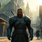 A fantasy warrior character standing in a lush medieval village with stone buildings and torch-lit streets, detailed armor reflecting sunlight, surrounded by NPCs going about their daily activities, photorealistic high-quality graphics