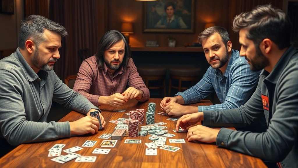 A diverse group of four friends sitting around a wooden table playing cards with intense focus, cards in hands and chips stacked, warm indoor lighting with playing cards scattered on the table surface, realistic photography