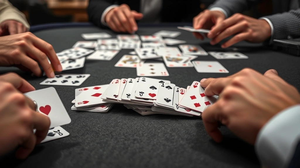 Close-up of expertly shuffled playing cards being dealt across a felt game table with players' hands visible at the edges, showing concentration and professional card handling technique, detailed realistic gaming scene