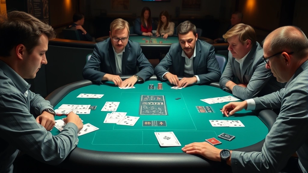 Four competitive players at a game table with score sheets visible, expressions showing strategic thinking and calculated risk-taking, professional tournament-style setup with good lighting and clear card visibility