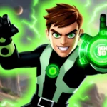 Action-packed Ben 10 character wielding the Omnitrix, glowing green energy effects surrounding the device, dramatic battle pose against alien landscape backdrop, cinematic lighting, intense expression showing determination and power