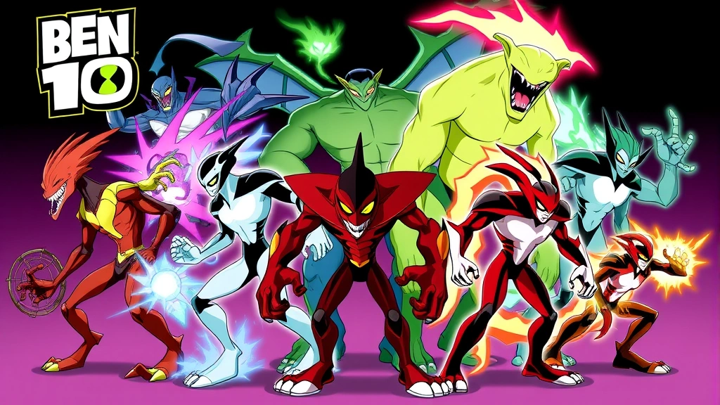 Multiple colorful alien transformations from Ben 10 franchise displayed together in dynamic action poses, each alien showing unique abilities and powers, vibrant energy effects, diverse alien designs showcasing different body types and abilities, heroic stance