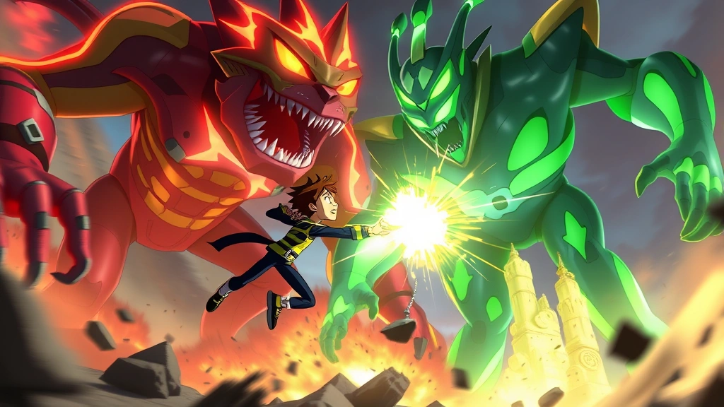 Ben 10 character in epic battle against massive alien enemy, explosive action scene with dynamic movement, glowing energy attacks and transformations mid-flight, dramatic environmental destruction, intense combat moment captured with cinematic quality and lighting