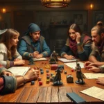A diverse fantasy party of adventurers gathered around a wooden table with dice, character sheets, and miniatures, focused on their game with warm lighting and medieval tavern atmosphere