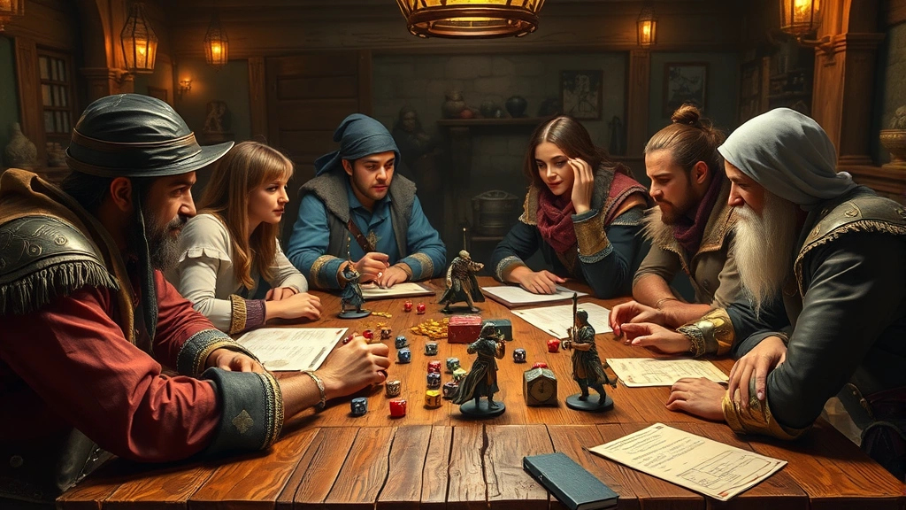 A diverse fantasy party of adventurers gathered around a wooden table with dice, character sheets, and miniatures, focused on their game with warm lighting and medieval tavern atmosphere