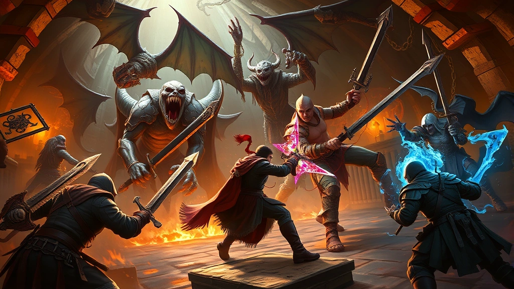 An intense fantasy combat scene showing warriors, mages, and rogues engaged in battle against monsters in a dungeon setting with dramatic lighting and dynamic action poses