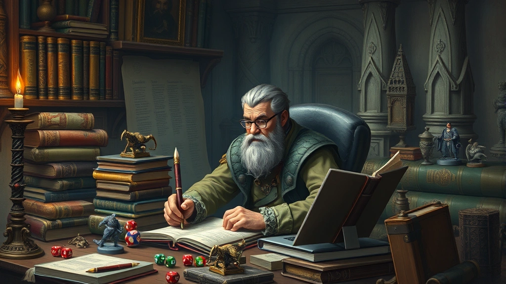 A fantasy dungeon master sitting behind a screen with campaign notes, surrounded by sourcebooks, dice towers, and miniature collections, creating an immersive game world