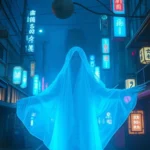 Ethereal ghostly figure materializing in neon-lit Tokyo street at night with traditional Japanese architecture, atmospheric fog and supernatural blue-purple lighting, photorealistic cinematic quality