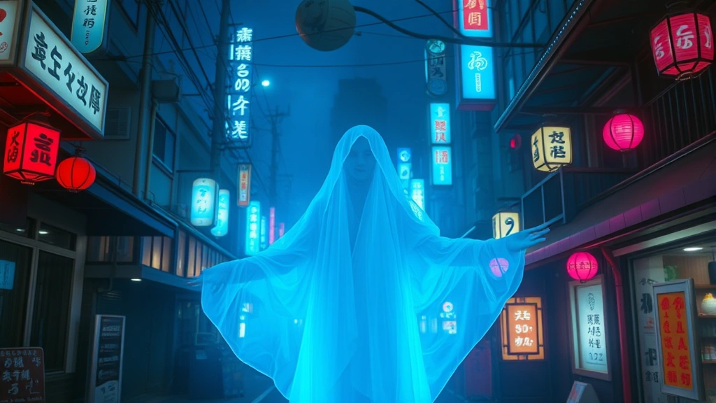 Ethereal ghostly figure materializing in neon-lit Tokyo street at night with traditional Japanese architecture, atmospheric fog and supernatural blue-purple lighting, photorealistic cinematic quality