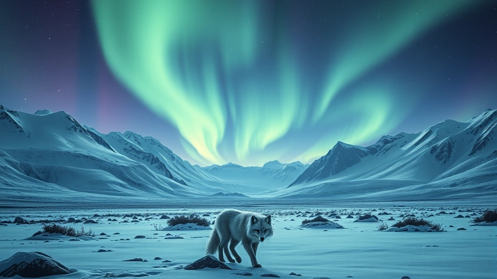 Arctic fox walking through stunning Icelandic landscape with aurora borealis glowing in night sky, snowy mountains and glaciers, photorealistic detailed scenery with mystical ethereal atmosphere