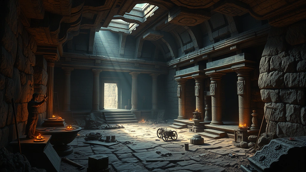 Ancient temple interior with stone architecture, mysterious artifacts scattered throughout, dramatic lighting casting shadows, photorealistic adventure exploration environment with supernatural ambiance