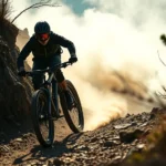 Professional mountain biker in full gear descending steep rocky downhill trail at high speed, dust clouds, blurred background, dramatic lighting, action shot