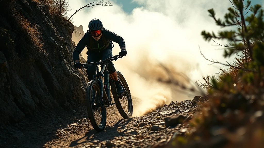 Professional mountain biker in full gear descending steep rocky downhill trail at high speed, dust clouds, blurred background, dramatic lighting, action shot