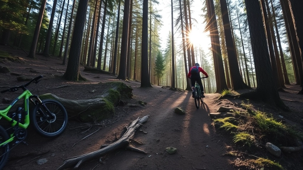 Mountain biker riding on scenic forest trail with sunlight filtering through trees, natural terrain with roots and rocks, immersive outdoor environment